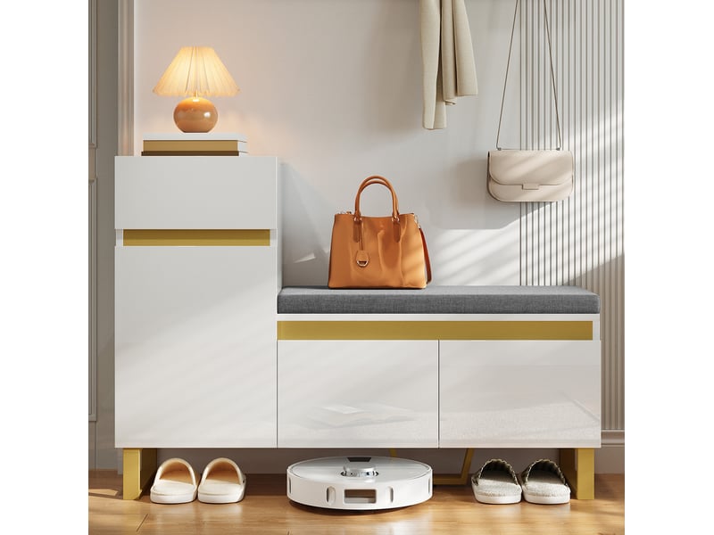 Meuble à chaussures 120x35x85 cm blanc avec banc, tiroir et rangements - Conforama B