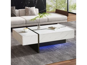 Table basse blanche finition brillante avec led et 3 tiroirs 105x60x35cm motif marbre