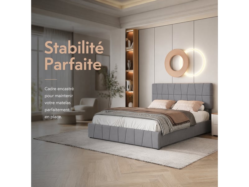  Lit double 160x200 cm,lit capitonné rembourré avec 4 tiroirs,sommier à lattes,lit 2 personnes pour adultes, gris,velours  - Conforama D