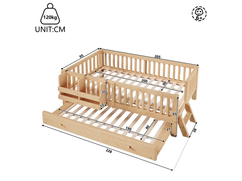  Lit plateforme bois 90x200 avec barrière sécurité et lit gigogne, couleur bois  - Conforama C