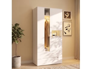 Armoire avec 3 portes, 2 tiroirs, 6 étagères et 1 tringle led pour chambre, mdf et verre blanc, 90 × 50 × 200 cm