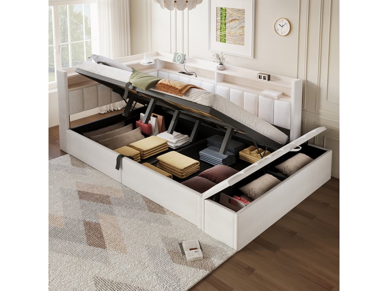 Lit coffre hydraulique 140x200 cm avec led, usb-a et usb-c, banc coffre et tête réversible, tissu lin beige, sans matelas - Conforama B