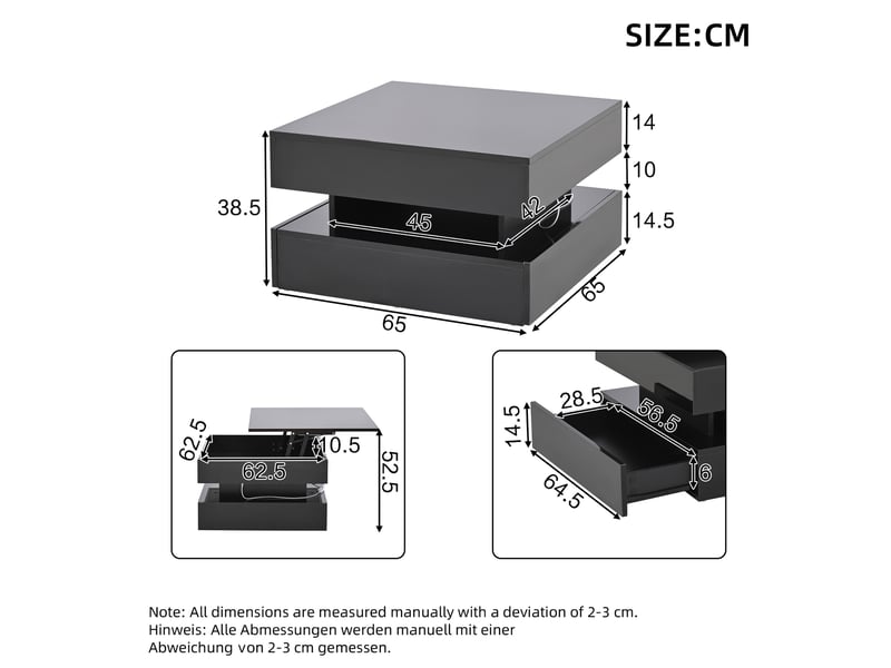 Table basse carrée 65x65 cm à plateau relevable, 2 tiroirs et led, noire - Conforama E