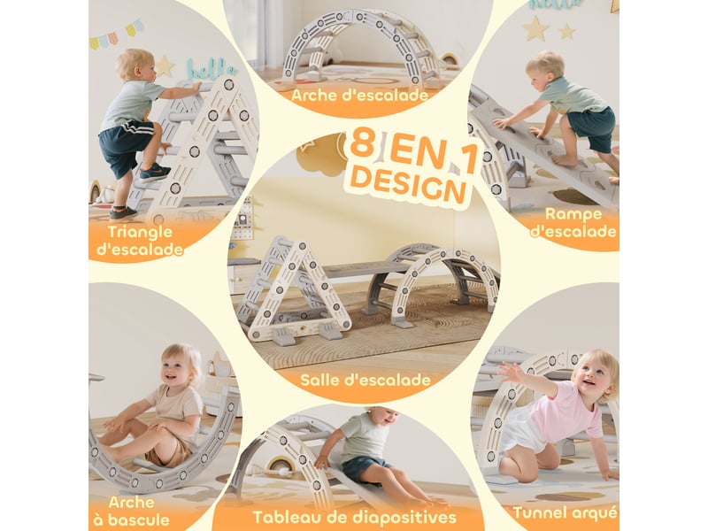  8 en 1 triangle escalade enfants, arc d'escalade, rampe double-face pour grimper &amp; glisser, 279 x 80 x 69 cm, gris  - Conforama D