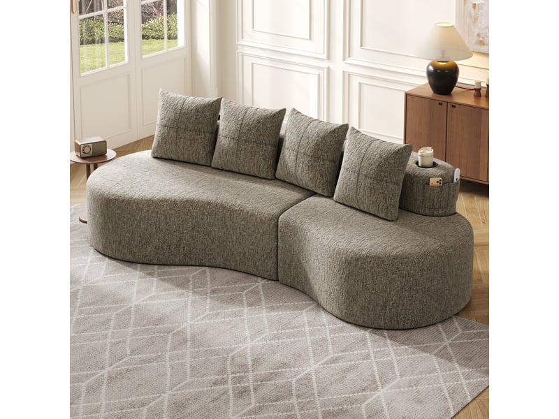  Canapé 4 places en lin avec porte-gobelet intégré 240 cm 4 coussins et poches latérales  - Conforama E