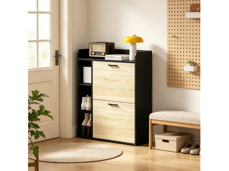  Meuble à chaussures bicolore 15 paires, 2 portes abattantes et rangements ouverts pour une entrée ordonnée  - Conforama E