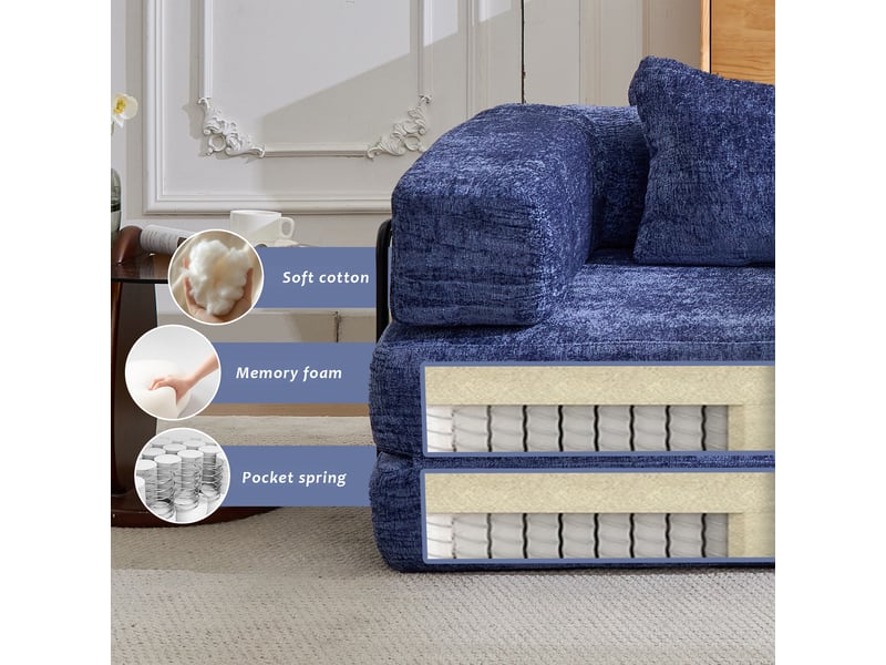  Canapé d'angle, canapé convertible, bleu foncé, pour salon, chambre, pour intérieur, en tissu chenille  - Conforama E