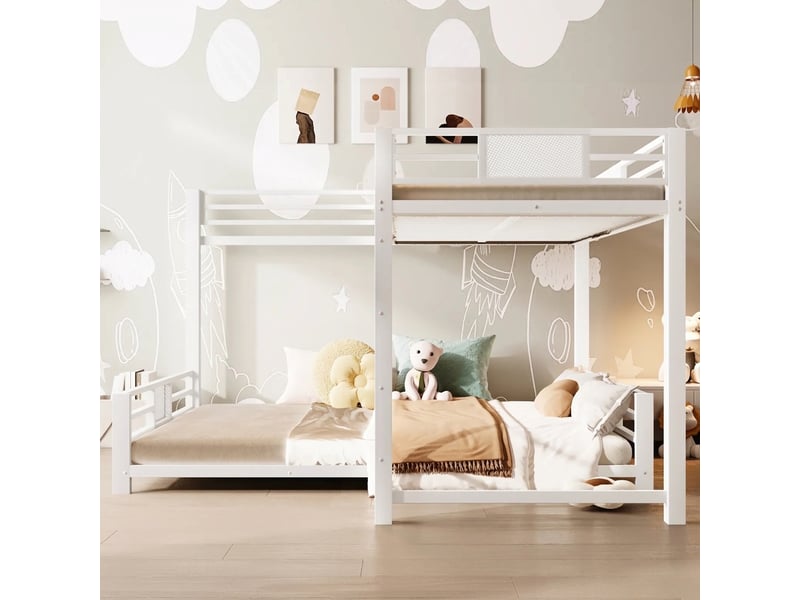 Lit superposé métal en l 90x200 sur 140x200 cadre robuste gain de place blanc - Conforama B