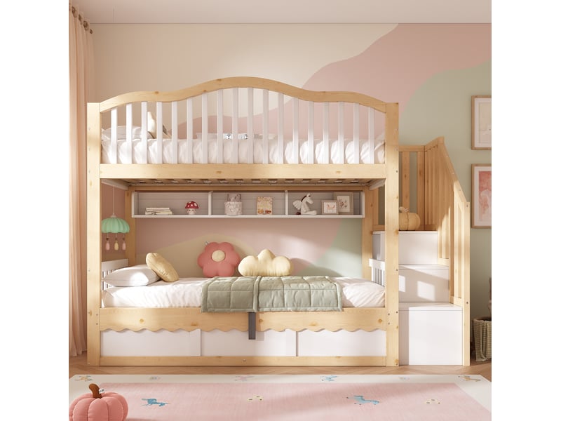  Lit superposé enfant 90x200 cm avec escalier de rangement coloris blanc et chêne  - Conforama B