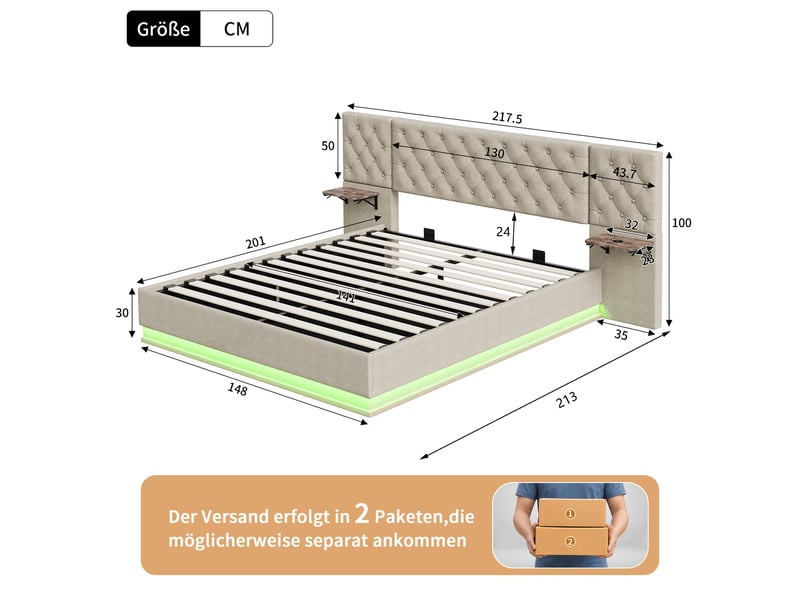  Lit 140x200cm - lit coffre 140x200 - lit double led avec tête de lit large et tables de chevet intégrées - en lin beige  - Conforama E