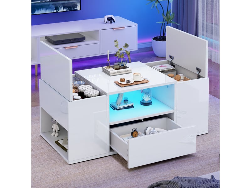  Table basse blanche brillante avec éclairage led, table de salon 100x50x40 cm avec tiroir et compartiments  - Conforama B