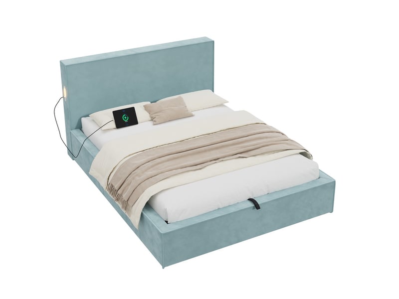  Lit rembourré 140 x 200 cm, avec coffre hydraulique, sommier lattes, tête de lit rembourrée, grand espace de rangement, velours bleu  - Conforama A
