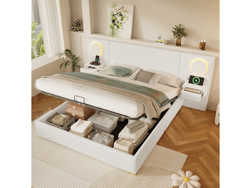  Lit coffre 180 × 200 cm 2 places avec led, usb, rangement hydraulique et tête de lit rembourrée, sans matelas, beige  - Conforama C