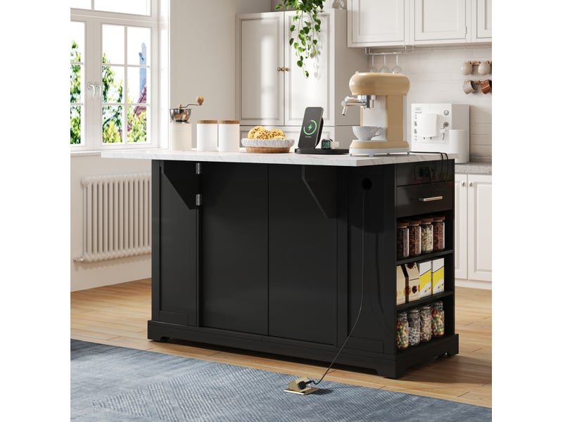  Desserte cuisine avec plan de travail rabattable, roulettes silencieuses, prise eu et rangement déchets 138 x 86 x 92 cm evryae  - Conforama C