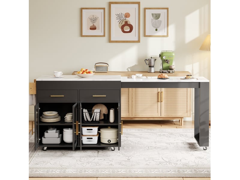  Îlot de cuisine mobile extensible 132,5-217x50x93 cm noir avec rangement  - Conforama E