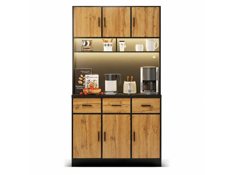 Buffet de cuisine avec éclairage led multicolore contrôlé par application, 100 x 40 x 180, noir et bois naturel - Conforama A