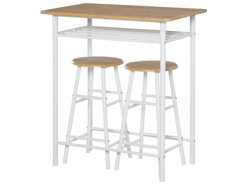  Ensemble table bar avec 2 tabourets, repas, cuisine, étagère rangement, salle à manger, blanc.  - Conforama B