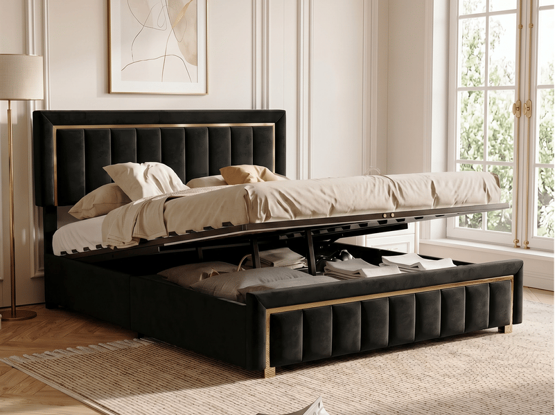 Lit coffre 160x200 cm, lit double rembourré avec rangement, lit coffre hydraulique - sommier à lattes - sans matelas - capacité de charge 300 kg - velours nior - Conforama B
