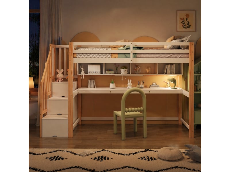  Lit mezzanine, 90x200 cm, avec bureau intégré, solution de rangement, matelas non inclus, bois, coloris blanc et chêne  - Conforama D