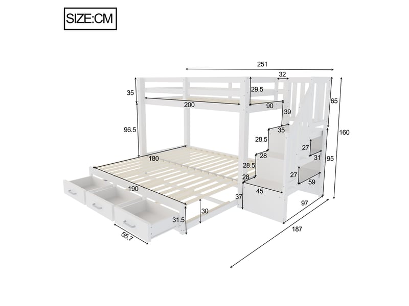  Lit superposé 3 places 90-180 x 190 cm avec lit inférieur extractible, 3 tiroirs et échelle de rangement, blanc BUYDEEMEUS - Conforama E