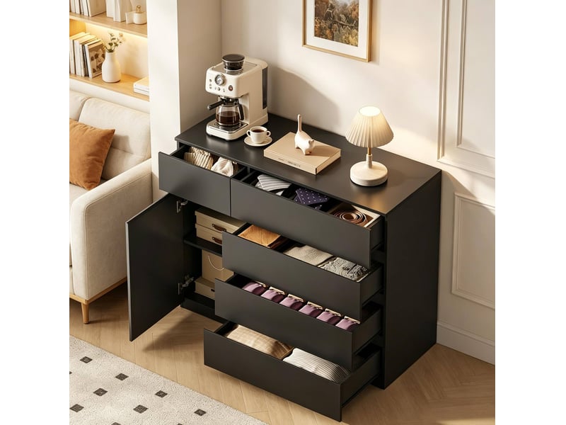 Buffet et enfilade avec 5 tiroirs 1 porte et étagère réglable pour cuisine et salon style moderne en panneaux de particules noir - Conforama B