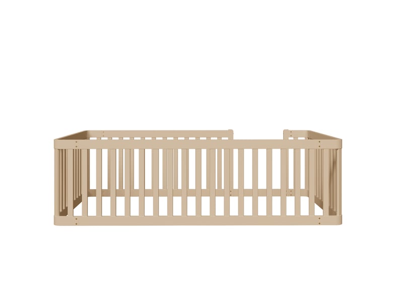  Elvmi lit enfant 90x200 cm en bois de pin massif coloris creme, cadre de lit au sol avec barrieres de securite semi-fermees et ouverture laterale, sommier integre, structure robuste, montage facile, style cabane pour chambre d'e…  - Conforama A