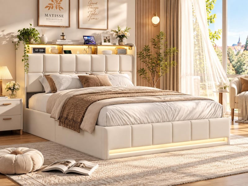  Lit coffre 140x200 cm led rgb sous-lit, lit capitonné avec usb, sommier à lattes  - Conforama B