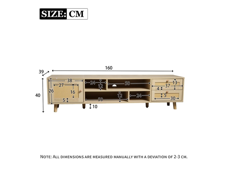  Meuble tv avec 2 tiroirs en rotin, 1 porte et passe-câbles pour salon 160×39×40,5 cm chêne  - Conforama D