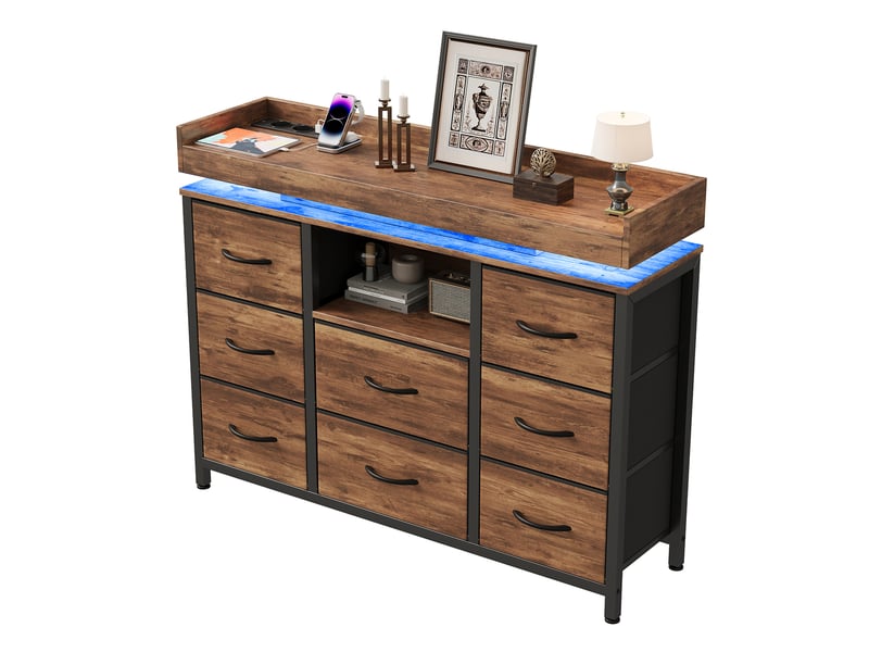  Commode avec 8 tiroirs en tissu,armoire avec led et station de recharge,cadre en métal,100x30x82cm,marron,style moderne  - Conforama A