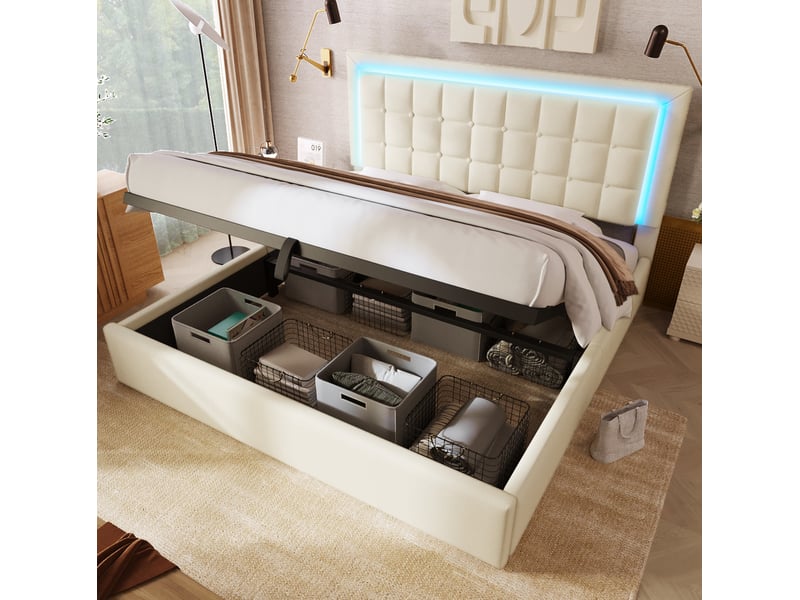 Lit coffre 180x200 cm blanc avec sommier, éclairage led et tête de lit en pu - Conforama D