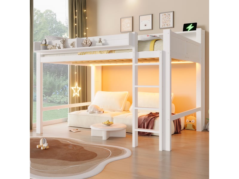 Lit mezzanine bois 140 x 200 cm blanc led usb 3 placards de rangement échelle, garde-corps et sommier à lattes enfant ado  - Conforama D