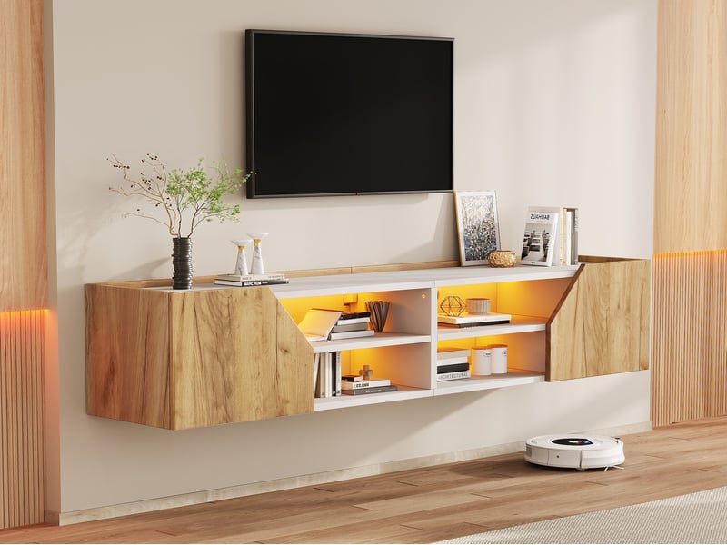  Meuble tv mural, 180 x 36,5 x 40 cm, blanc et finition bois, avec éclairage led, 2 portes au design géométrique et espaces de rangement  - Conforama B