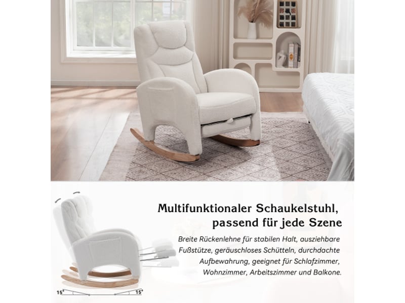  Fauteuil à bascule, chaise de salon avec accoudoir, fauteuil relax, tissu en peluche blanc, 052 chaise à balançoire  - Conforama C