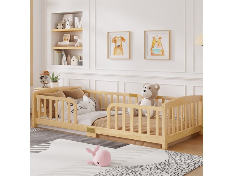  Lit au sol enfant 90x200 cm en bois de pin naturel avec barrières de sécurité  - Conforama B