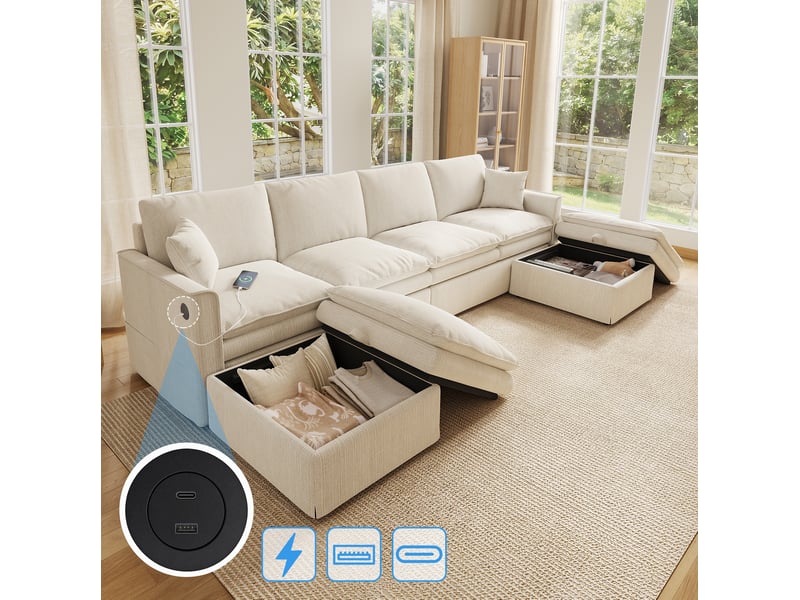  Canapé modulaire d'angle 6 places en u ou l avec 2 poufs de rangement et ports de recharge, coton et lin beige  - Conforama B
