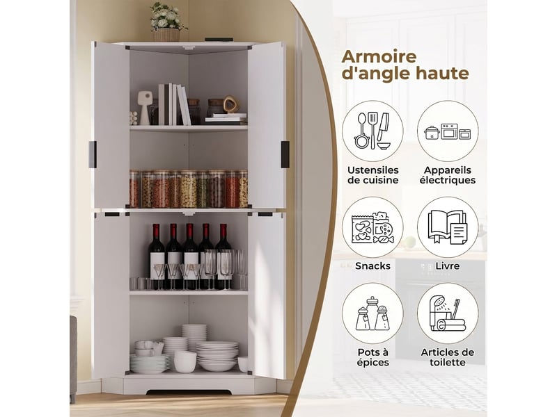  Buffet de cuisine d'angle blanc 60x60x172 cm avec 4 portes et rangements  - Conforama E