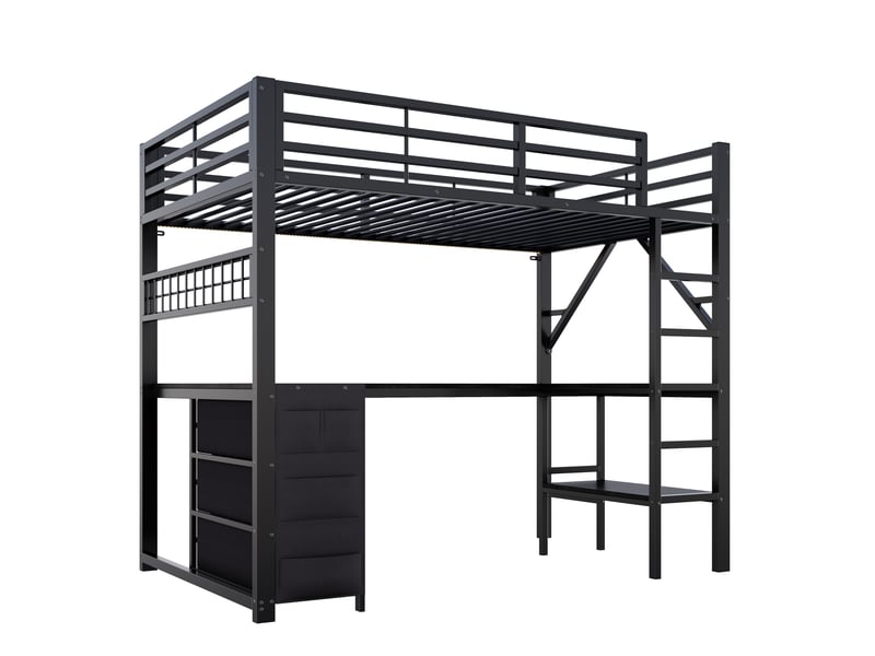 Lit mezzanine gaming 90x200cm en métal avec bureau en u,éclairage led,panneau perforé,3 tiroirs,lit superposé avec étagères,sans matelas,noir - Conforama A