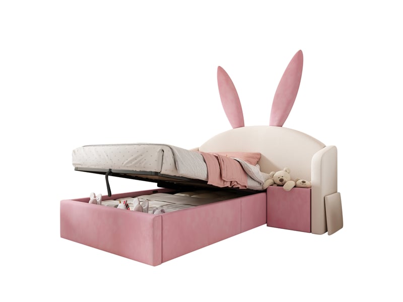  Modenvie lit enfant coffre 90x190 cm - table de chevet modulable et rangement hydraulique, sans matelas - beige et rose  - Conforama A