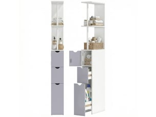 Colonne de salle de bain meuble rangement gain de place en bois avec tiroirs et placard 15 x 33 x 136,8 cm gris clair