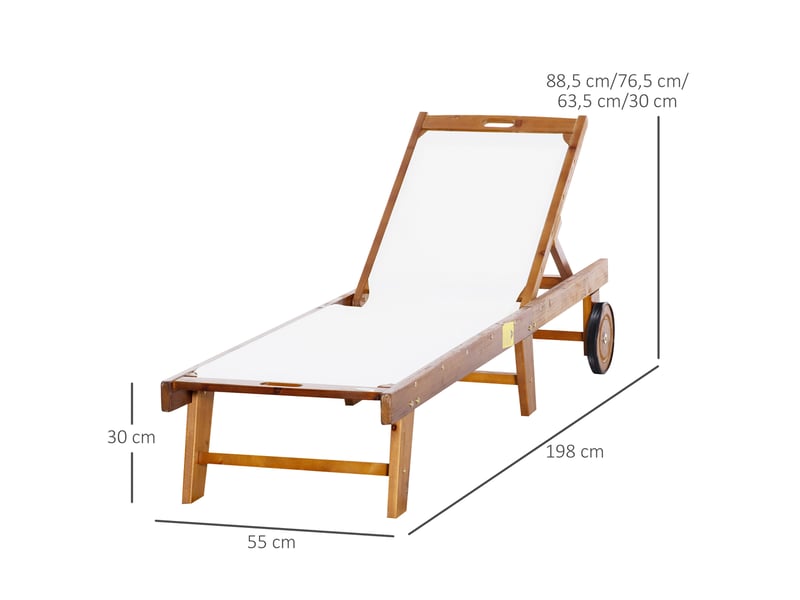  Chaise longue inclinable, transat de jardin, mobilier de jardin, réglable, bois d'acacia, textile, naturel et blanc, 198 x 55 x 30-88,5 cm  - Conforama D