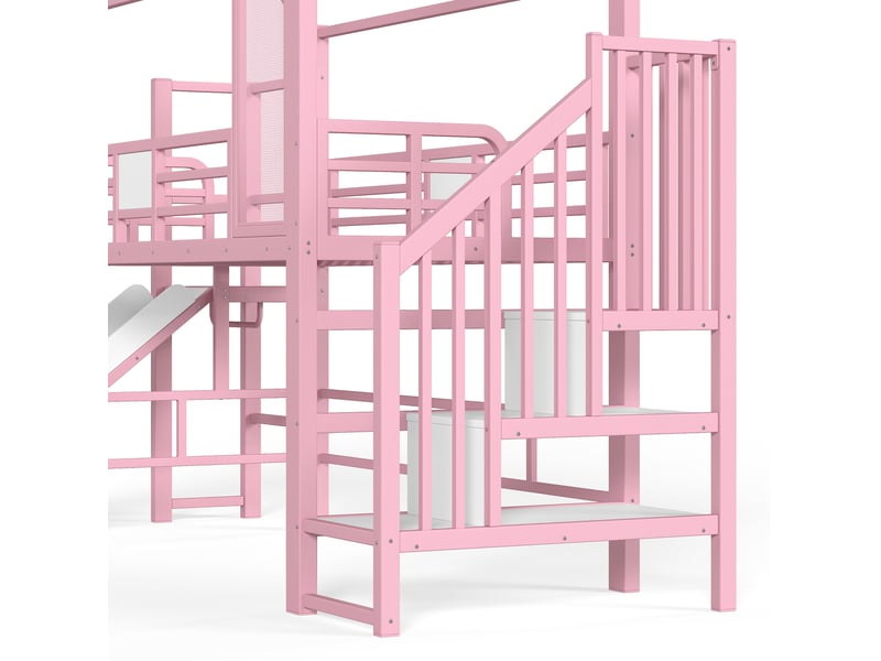  Lit mezzanine enfant 90 × 200 cm 1 place avec toboggan, escalier à rangements et led bluetooth, sans matelas, rose  - Conforama E