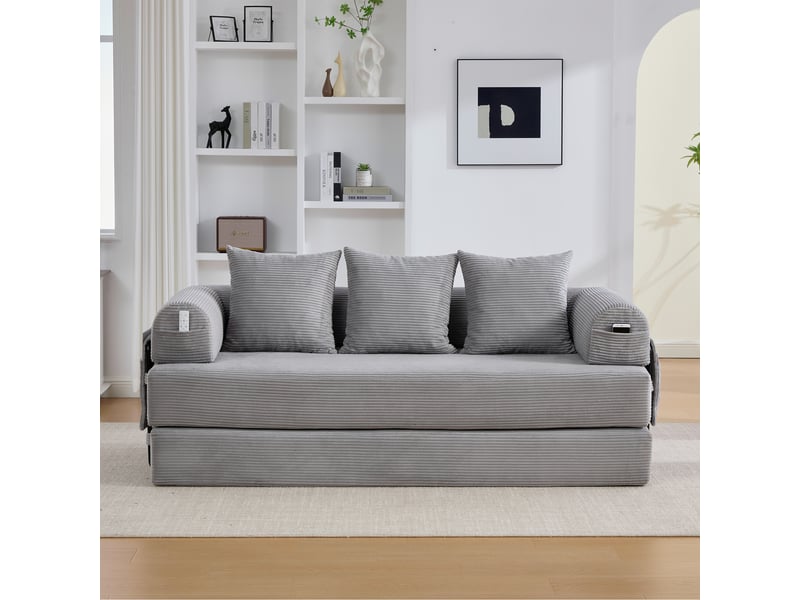  Canapé modulable gris clair velours côtelé 3 places avec coussins, idéal petit salon, 200cm  - Conforama E