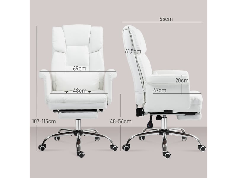  Chaise de bureau ergonomique inclinable 155° avec repose-pieds - lpospi - pivotante réglable, simili cuir blanc  - Conforama D