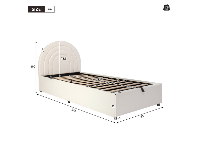 Lit coffre enfant 90x200 cm en tissu bouclé beige avec tête de lit rembourrée  - Conforama C