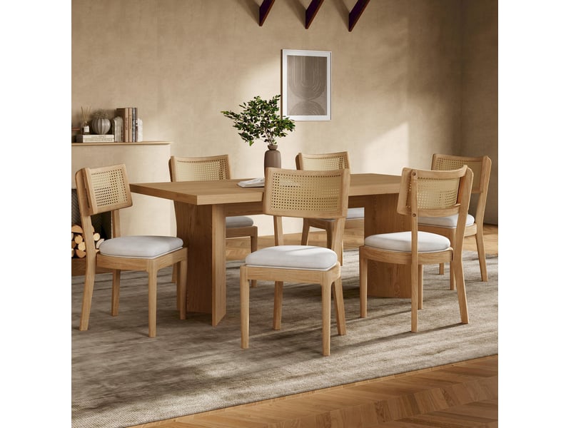  Lot de 4 chaises de salle à manger en bois avec dossier en rotin et assise en lin, couleur bois  - Conforama D