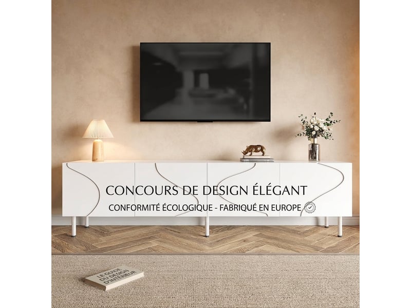  Meuble tv blanc 170 cm avec 4 portes et façades aux lignes courbées 3d, design moderne  - Conforama B