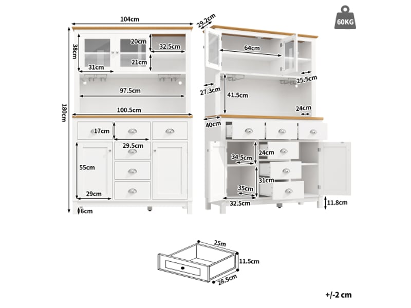 Buffet avec led, tiroirs et rangements, blanc, 104x40x180 cm - Conforama C