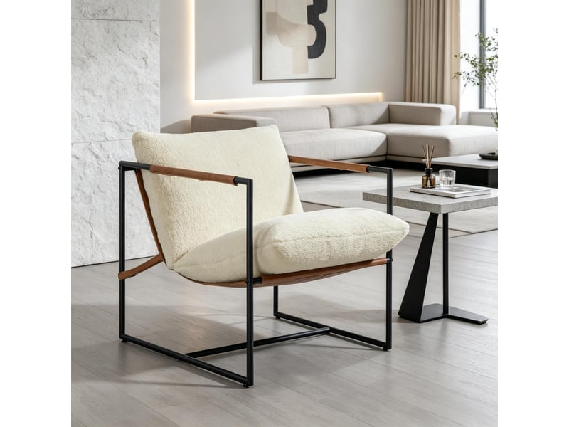 Fauteuil de salon en tissu bouclette, grande assise rembourrée et structure acier stable - Conforama D