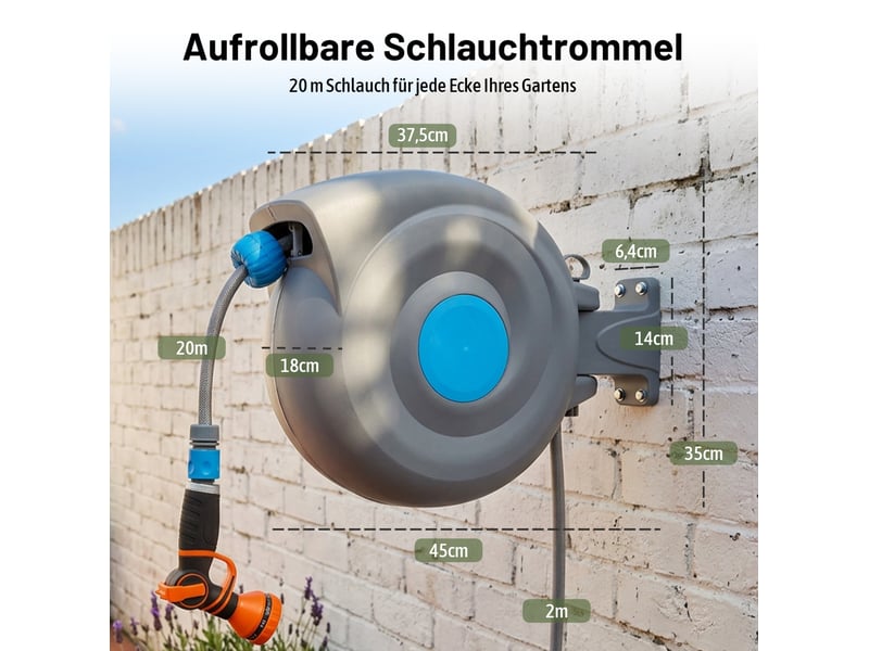  Enrouleur de tuyau mural 20 m 45x18x35 cm bleu en plastique pp, retour automatique et pivotant a 180 degres  - Conforama C