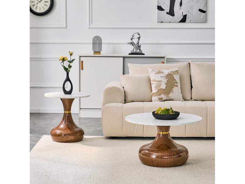  Tables basses gigognes avec 2 plateaux effet marbre et pieds sablier, style moderne, blanc et noyer, pour salon  - Conforama C
